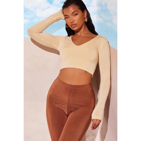 Stone Second Skin Long Sleeve V Neck Crop Top US0 New - Picture 2 of 7